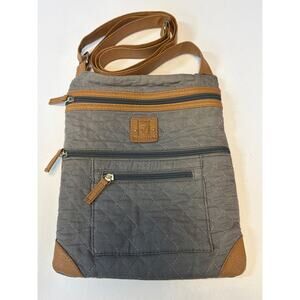 Stone Mountain Gray Cotton Leather Accent Crossbody Bag Purse 9 x 11" Quilted